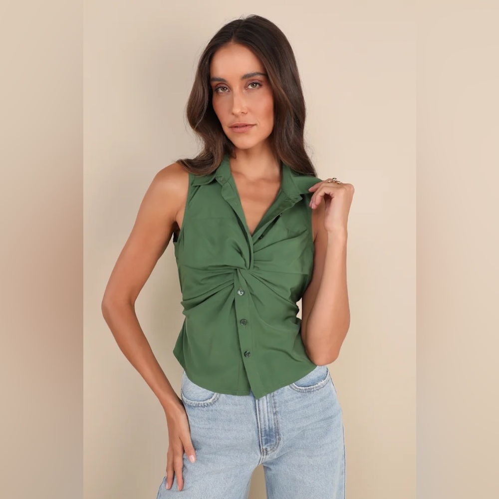 Lulus Iconic Chicness Green Collared Twist-Front Button-Up Tank Top Green
